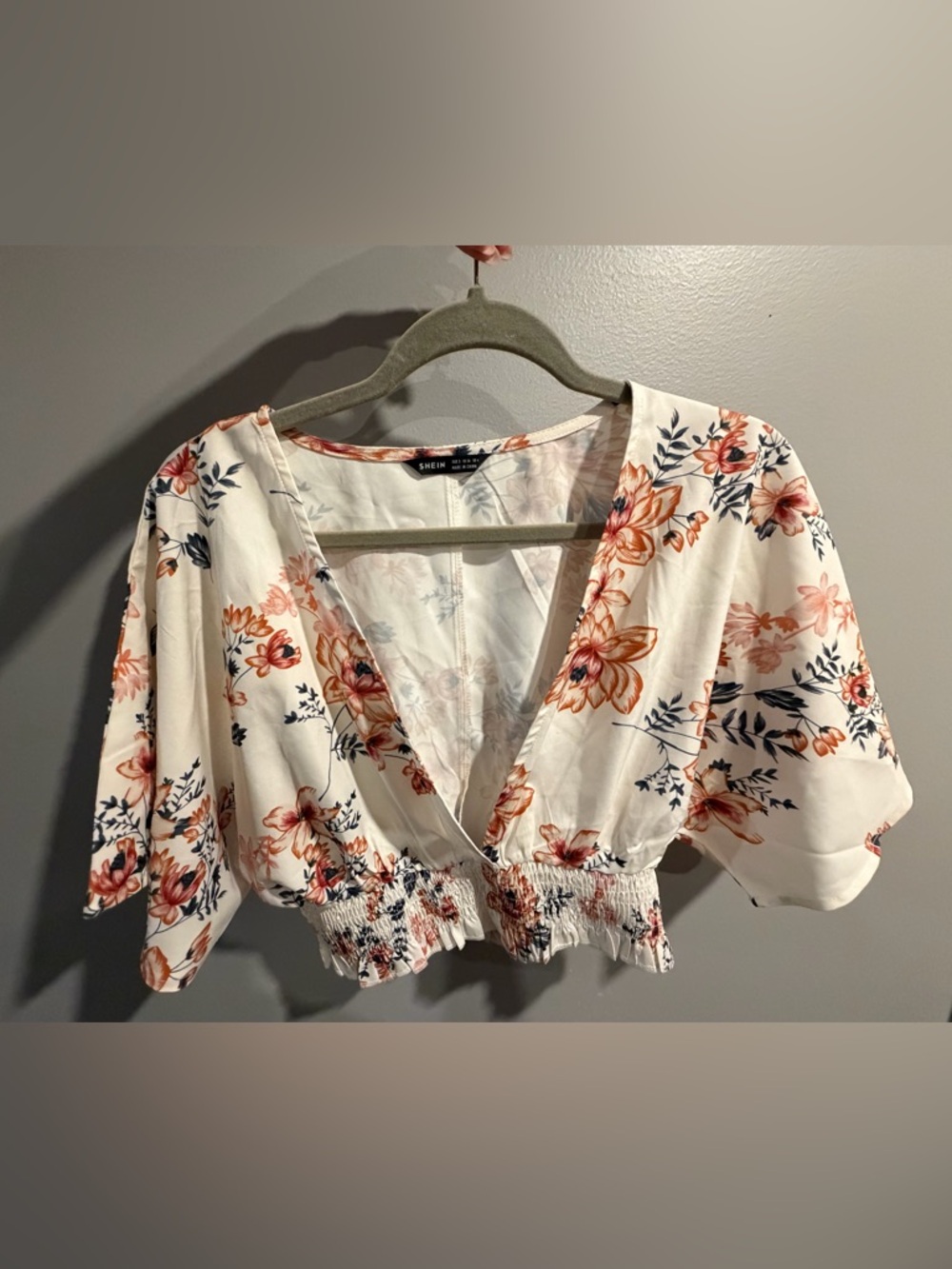 SHEIN White Floral V-Neck Smocked Crop Top with Rust and Navy Flowers